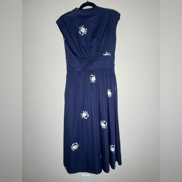 Kate Spade Poplin Bow Navy Crab Print Midi Dress Sz 4 NAVY Blue V-Neck Pockets - Picture 12 of 16